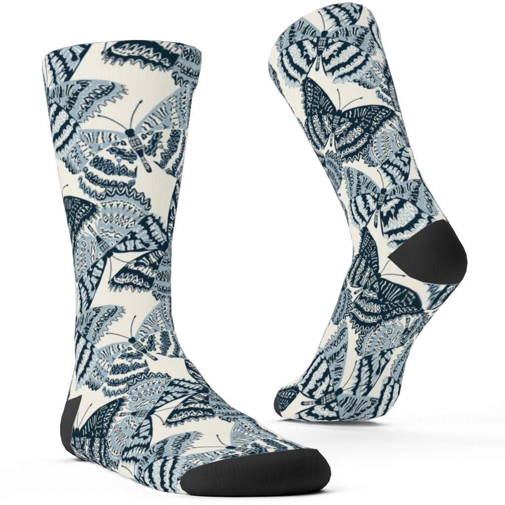 Butterfly - Hand Drawn - Blue Custom Socks, Blue