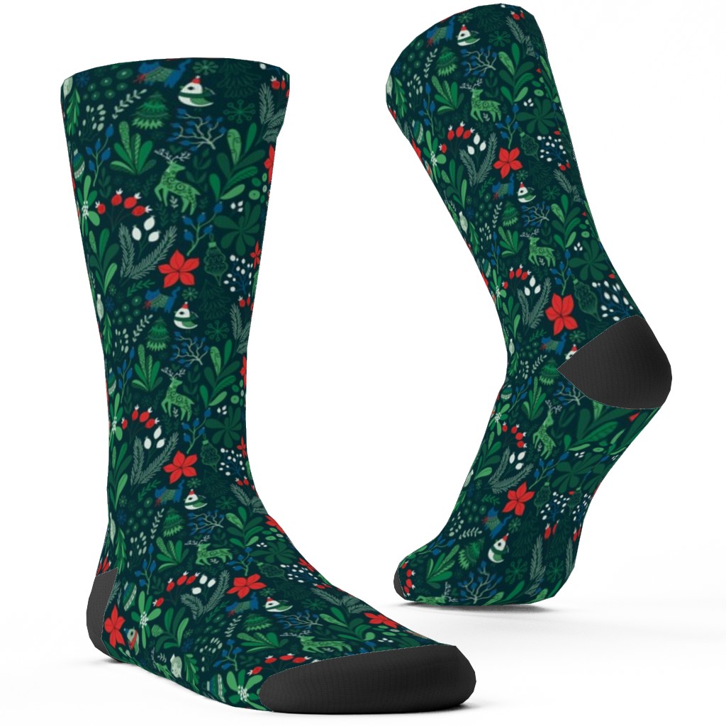 Merry Christmas Floral - Dark Custom Socks, Green