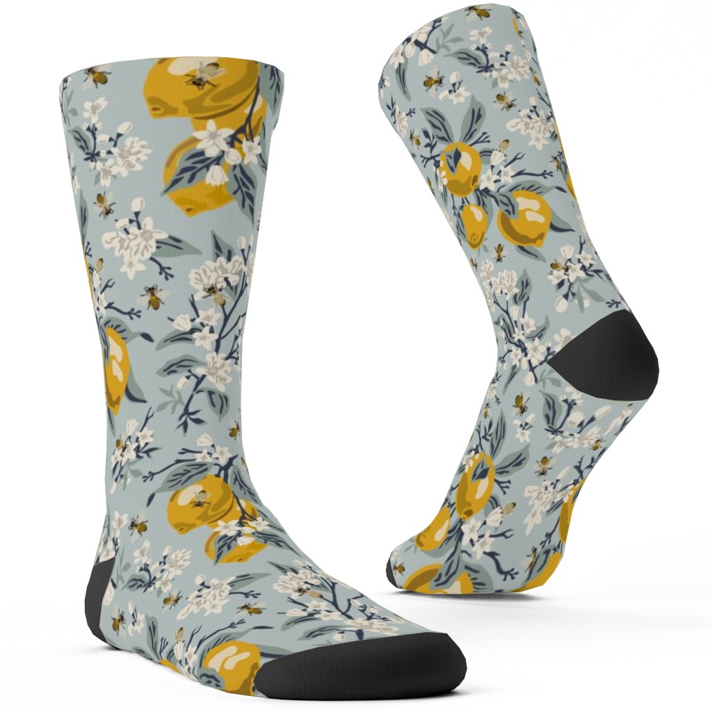 Bees, Blossoms & Lemons - Blue Custom Socks, Blue