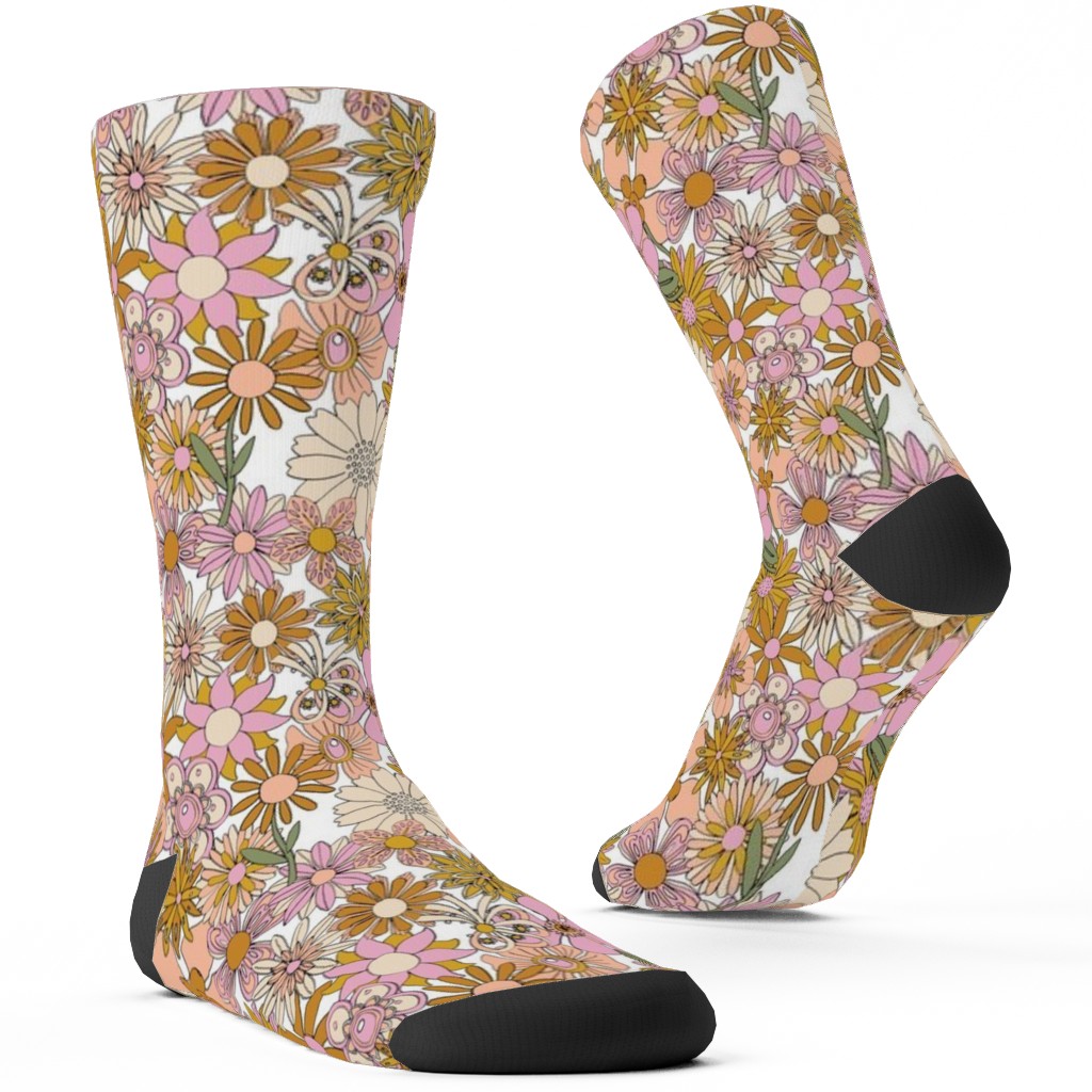 Chelsea Vintage Floral Garden - Pink Custom Socks, Pink, Bright Pink