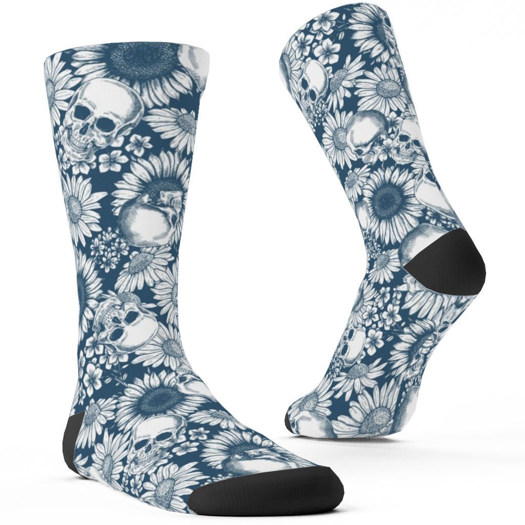 Floral Skull - Blue Custom Socks, Blue