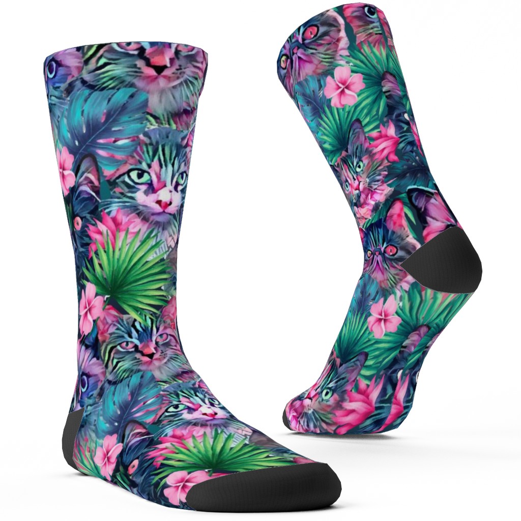 Summer Floral Cats - Multi Custom Socks, Multicolor
