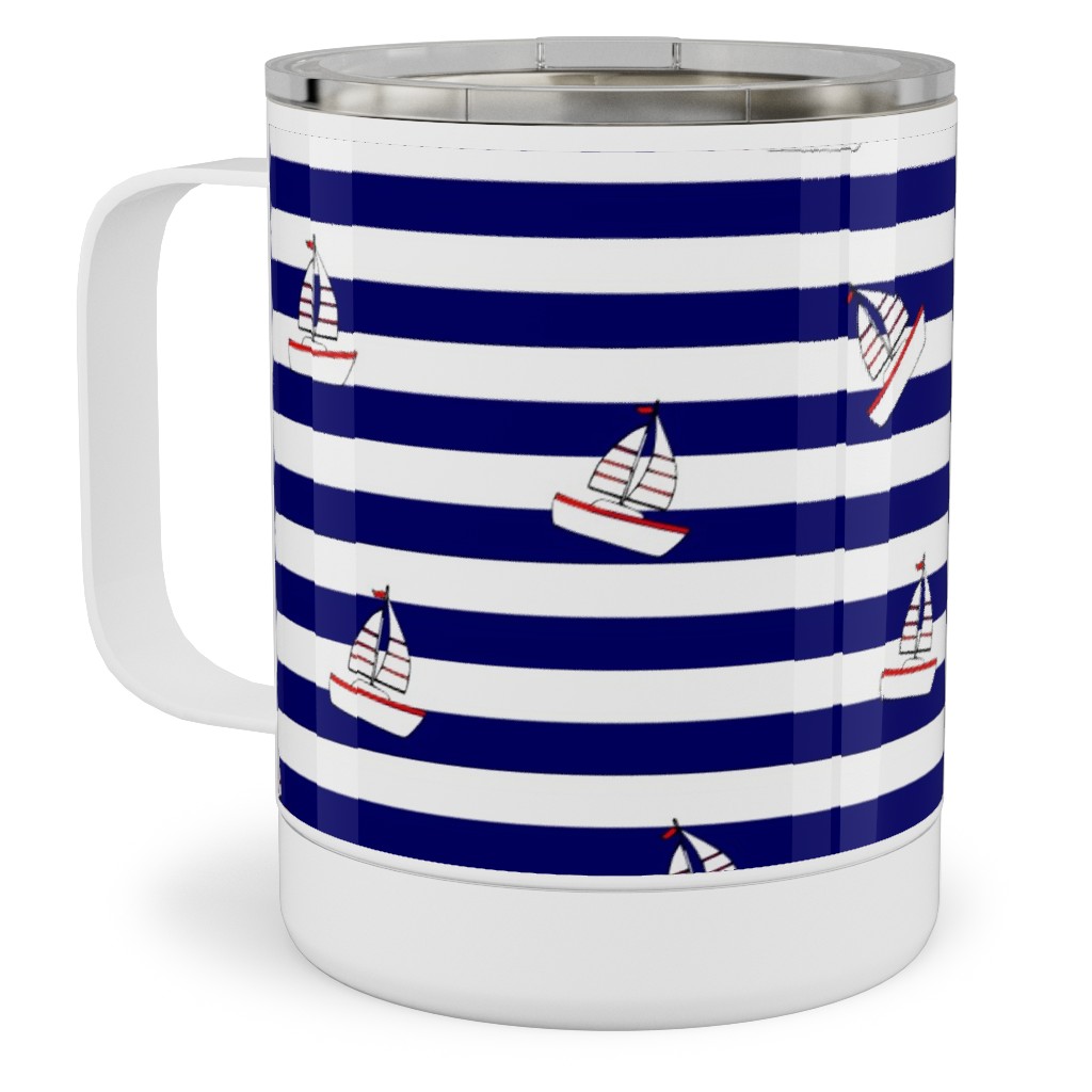 Sea and Boats Stripes - Blue Stainless Steel Mug, 10oz, Blue, True Blue