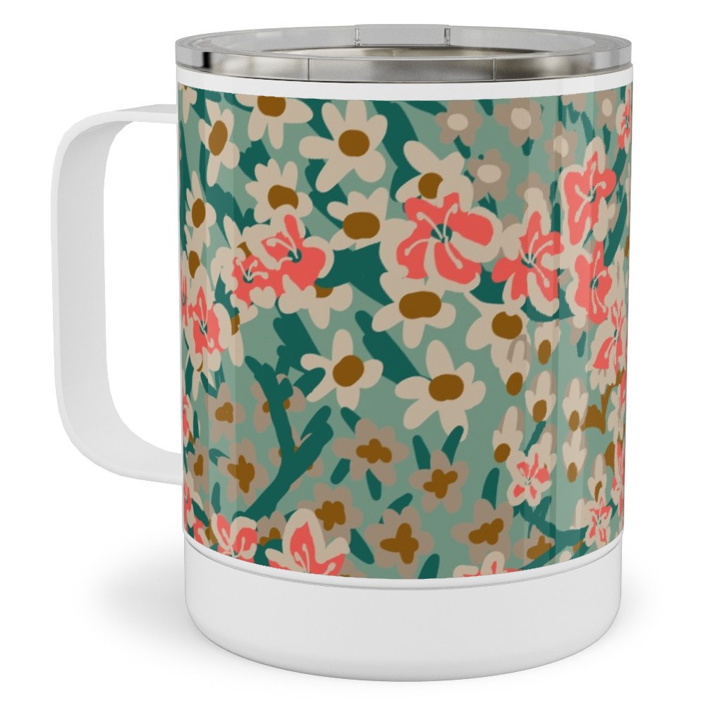 Bengal Kuma Floral - Multi Stainless Steel Mug, 10oz, Green, Classic Green