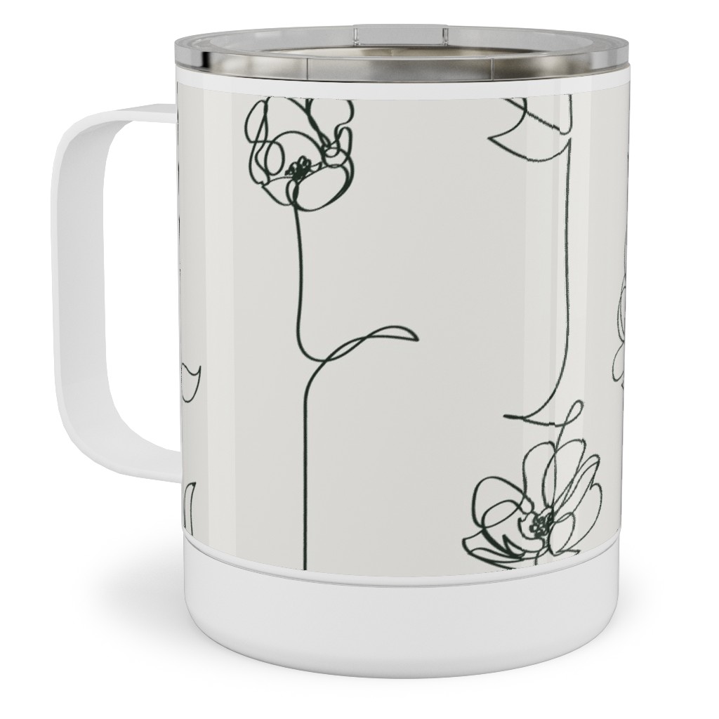 One Line Floral - Light Stainless Steel Mug, 10oz, White, White