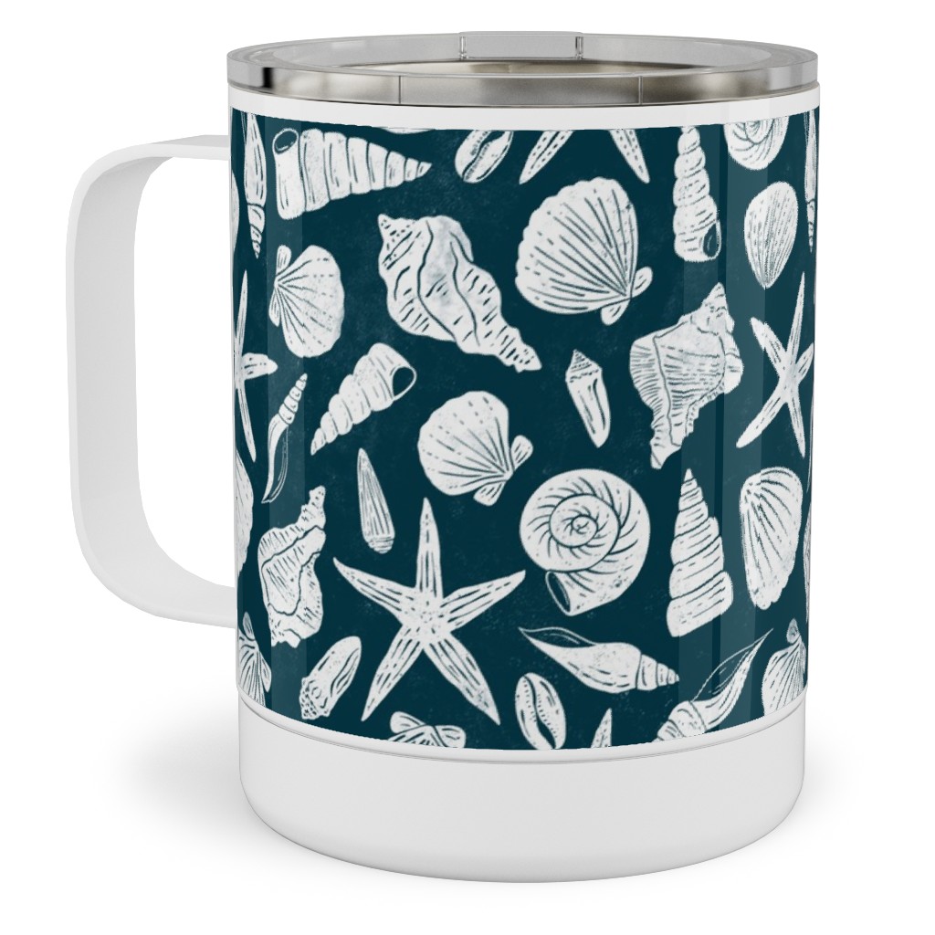 Textured Ocean Seashells - Dark Blue and Cream Stainless Steel Mug, 10oz, Blue