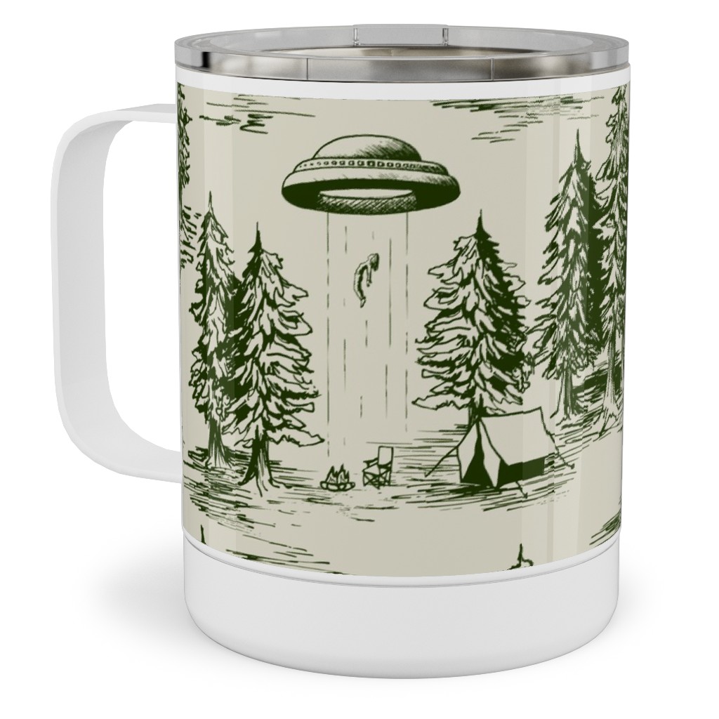 Alien Abduction Toile De Jouy - Forest Green & Cream Stainless Steel Mug, 10oz, Green