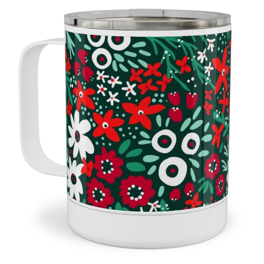 Rustic Floral - Holiday Red and Green Stainless Steel Mug, 10oz, Green