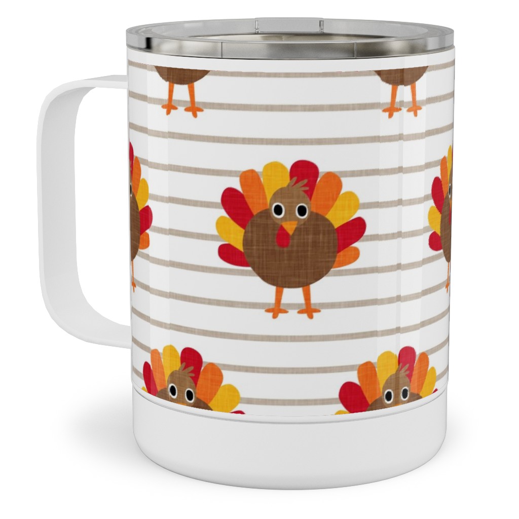 Cute Thanksgiving Turkey - on Khaki Stripes Stainless Steel Mug, 10oz, Orange