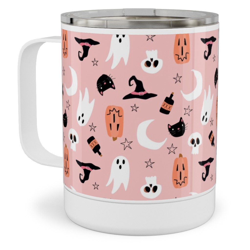 Sweet Halloween - Pumpkin, Witch, Ghost, & Cat - Pink Stainless Steel Mug, 10oz, Pink