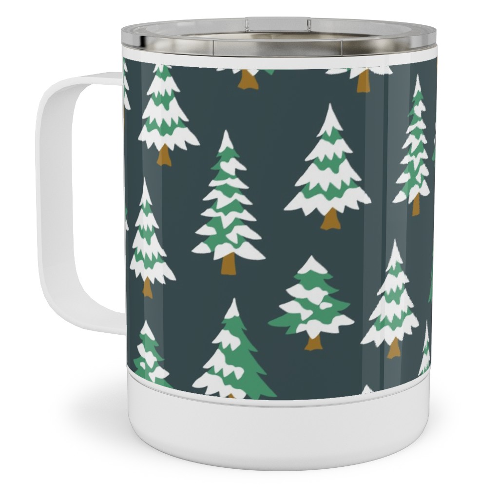 Winter Village Trees With Snow - Dark Stainless Steel Mug, 10oz, Green