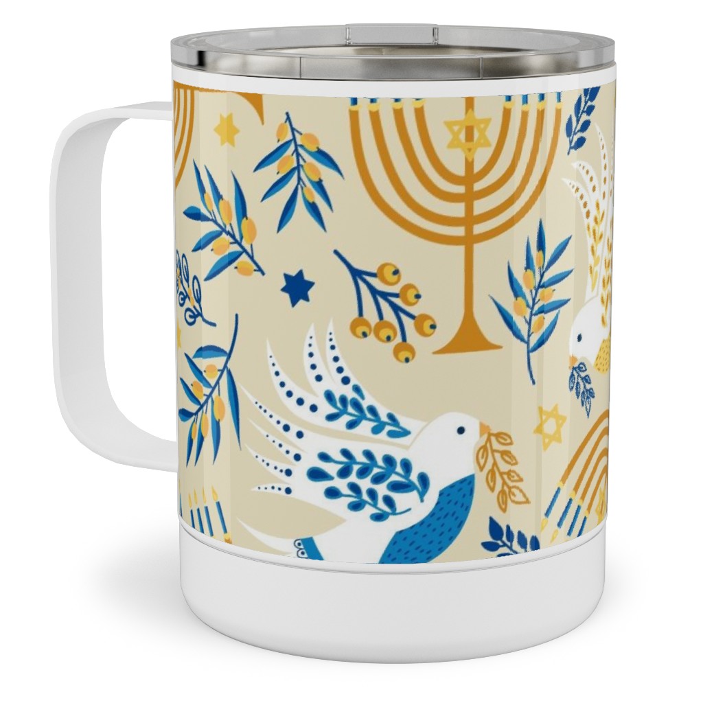 Hanukkah Birds Menorahs - Yellow Stainless Steel Mug, 10oz, Yellow