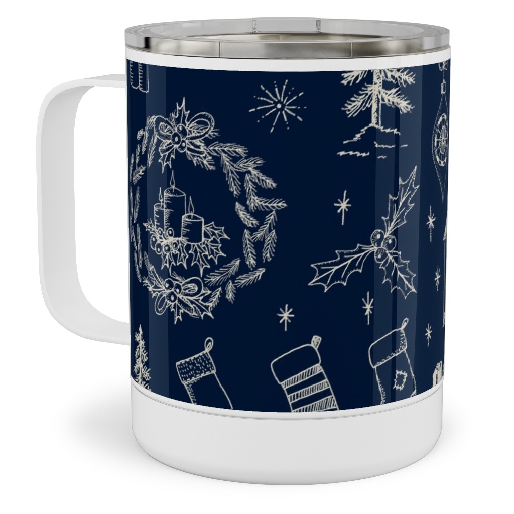 Christmas Toile - Starry Night Stainless Steel Mug, 10oz, Blue