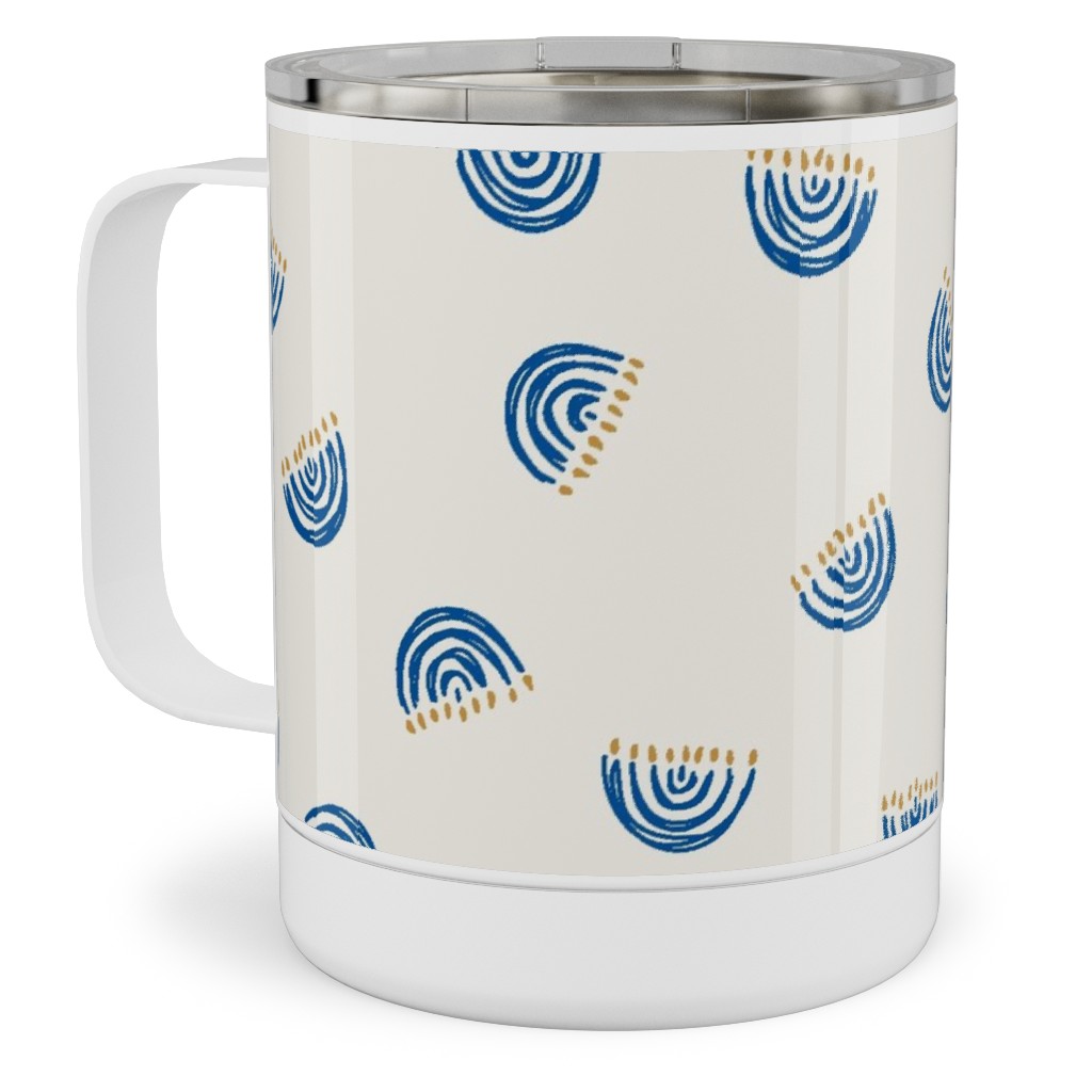 Nine Branch Menorah Tossed in Bright Blue Stainless Steel Mug, 10oz, Beige, Pearl