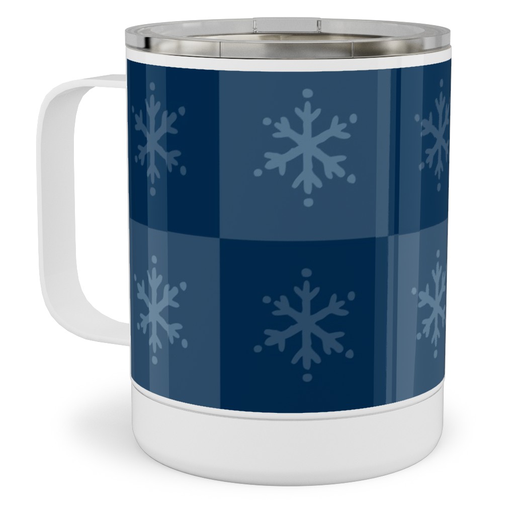 Scandi Cozy Winter Checkered Blue Snowflake Stainless Steel Mug, 10oz, Blue