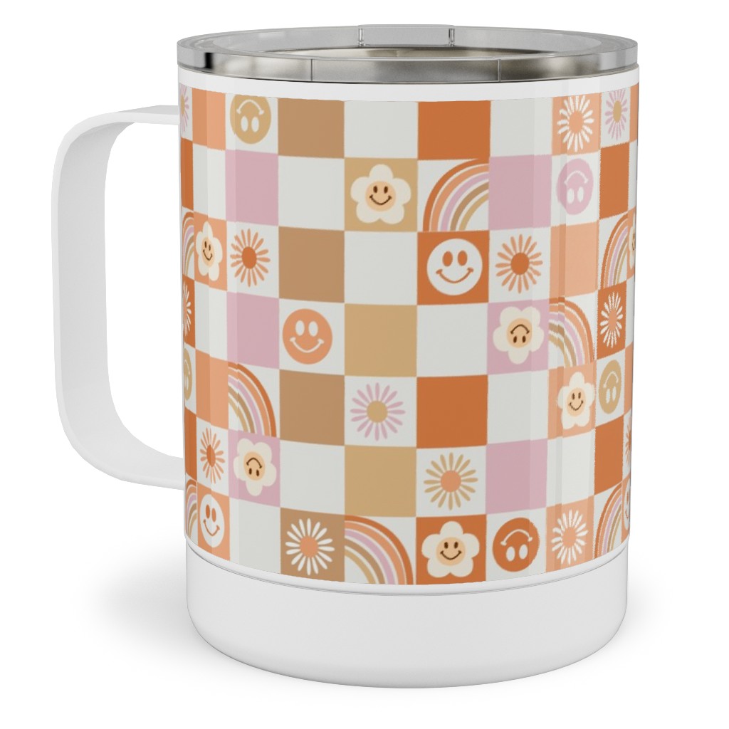 Retro Checkerboard - Daisy, Smile, Happy - Pink Orange Stainless Steel Mug, 10oz, Orange