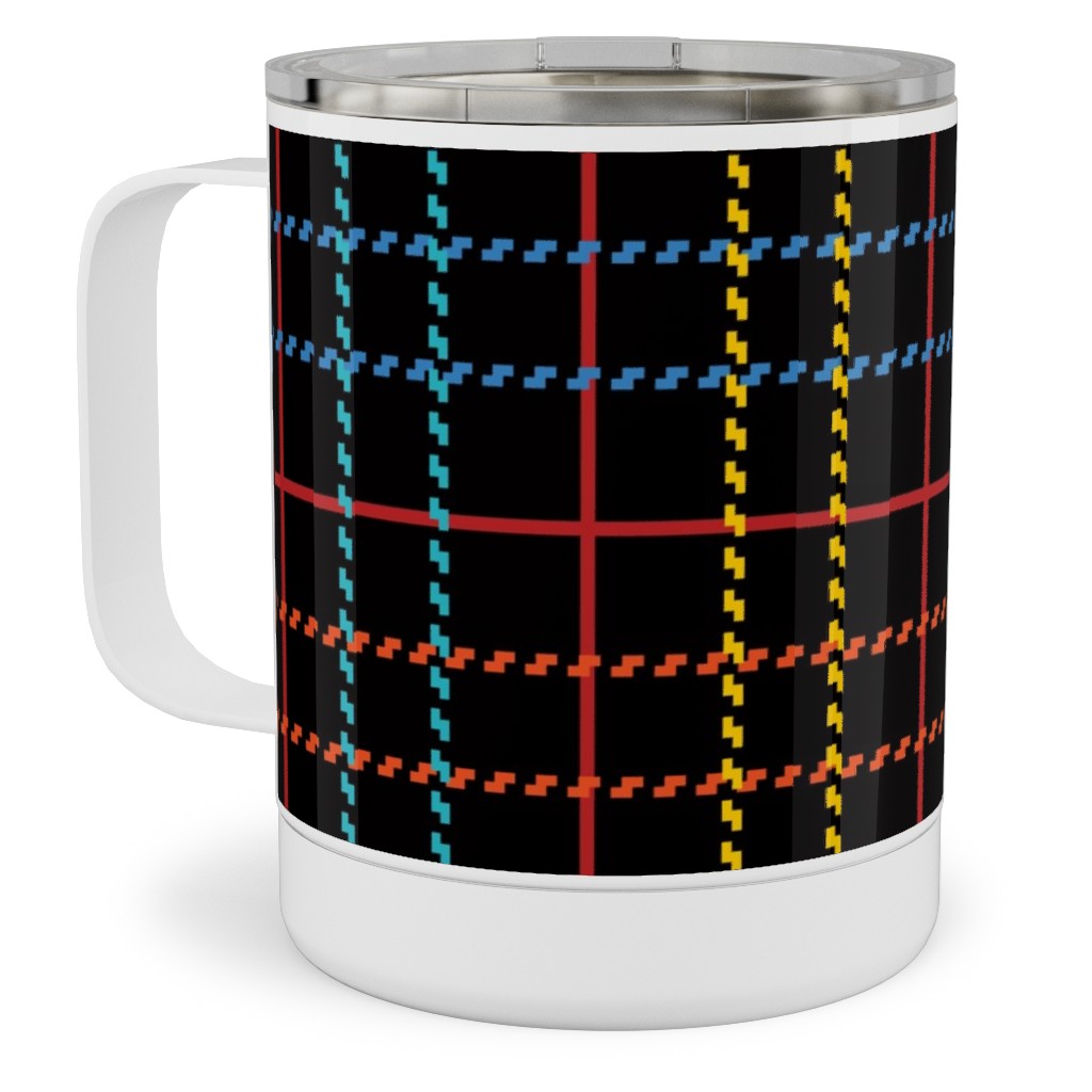 Grid Plaid - Dark Multi Stainless Steel Mug, 10oz, Black, Black
