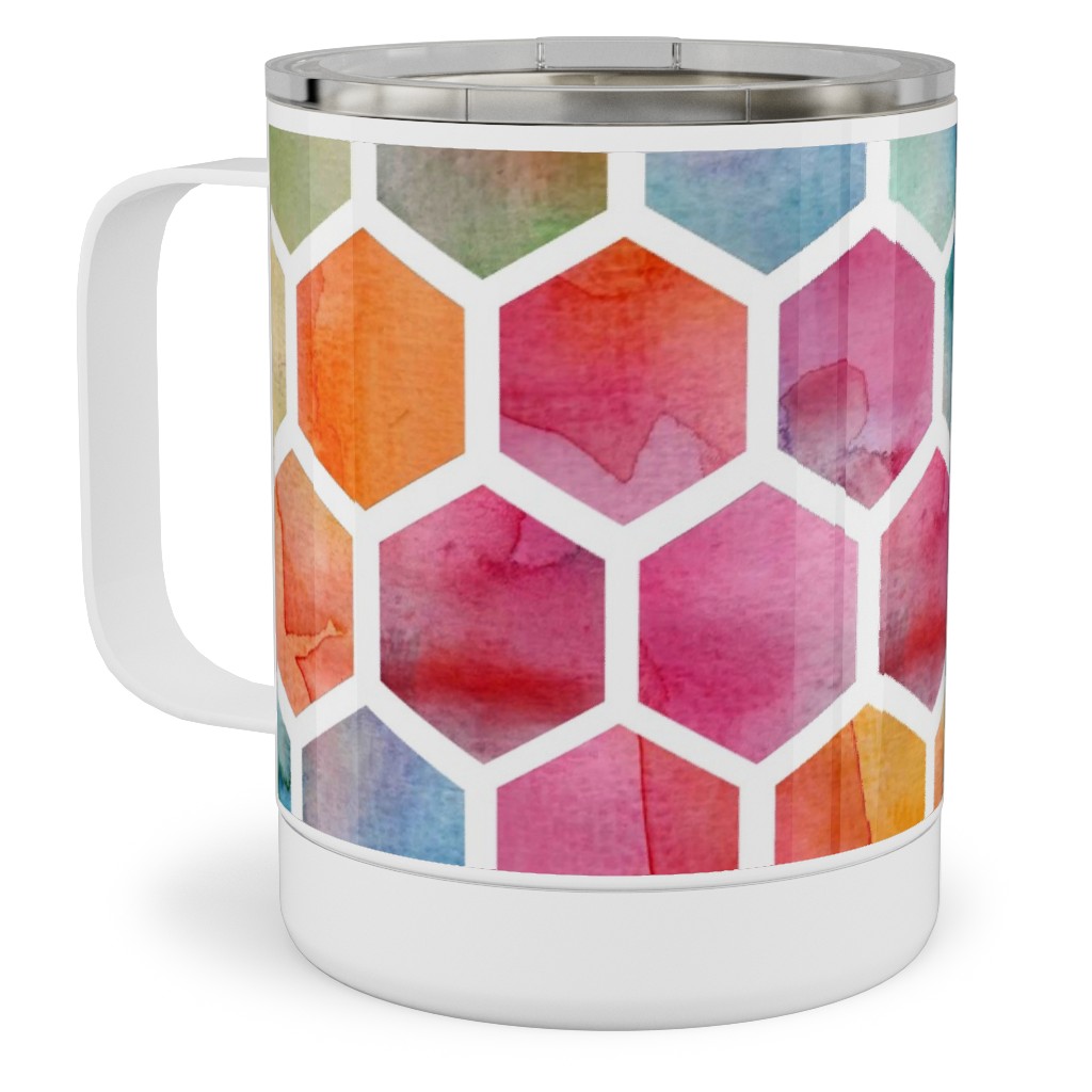 Watercolour Hexagons - Multi Stainless Steel Mug, 10oz, Multicolor