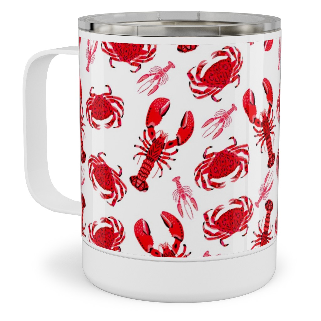 Crabs and Lobsters - Red Crustaceans on White Stainless Steel Mug, 10oz, Red