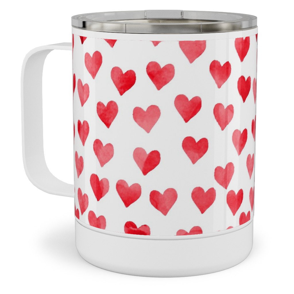 Watercolor Hearts - Red Stainless Steel Mug, 10oz, Red, Red