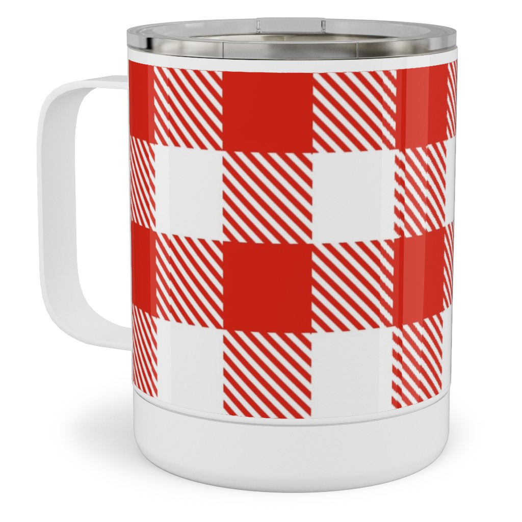 Red Gingham Pattern Stainless Steel Mug, 10oz, Red, Red