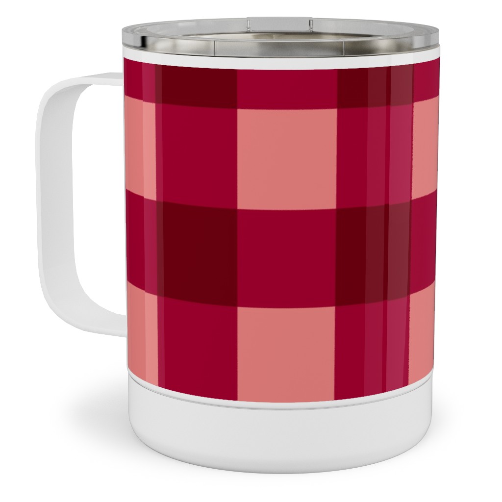 Gingham Check - Red and Pink Stainless Steel Mug, 10oz, Red, Red