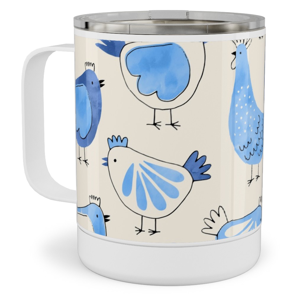 Chicken and Rooster - Watercolor - Blue on Creme Stainless Steel Mug, 10oz, Blue