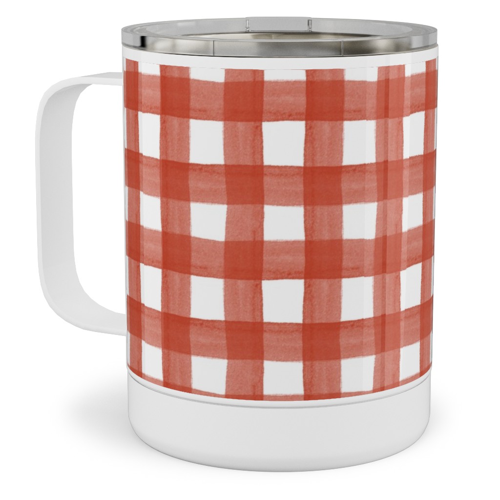 Red Watercolor Gingham Stainless Steel Mug, 10oz, Red, Red