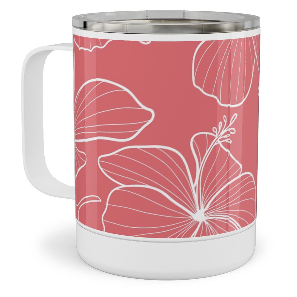 Hibiscus Line Art - Pink Stainless Steel Mug, 10oz, Pink, Bright Pink
