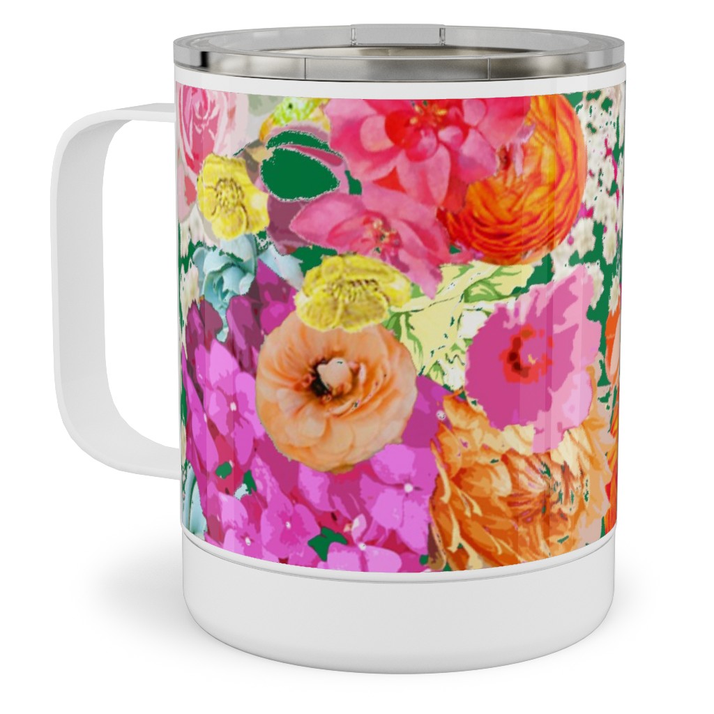 Summer Bright Floral - Kelly Green Stainless Steel Mug, 10oz, Pink