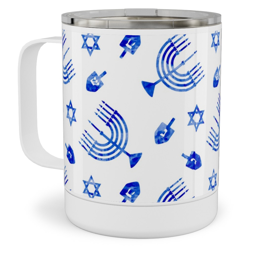 Hanukkah Watercolor Menorah, Dreidel, Star of David - Blue Stainless Steel Mug, 10oz, Blue
