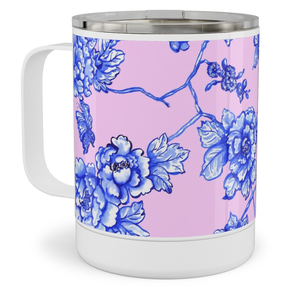 Chinoiserie Floral - Blush Stainless Steel Mug, 10oz, Pink, Bright Pink