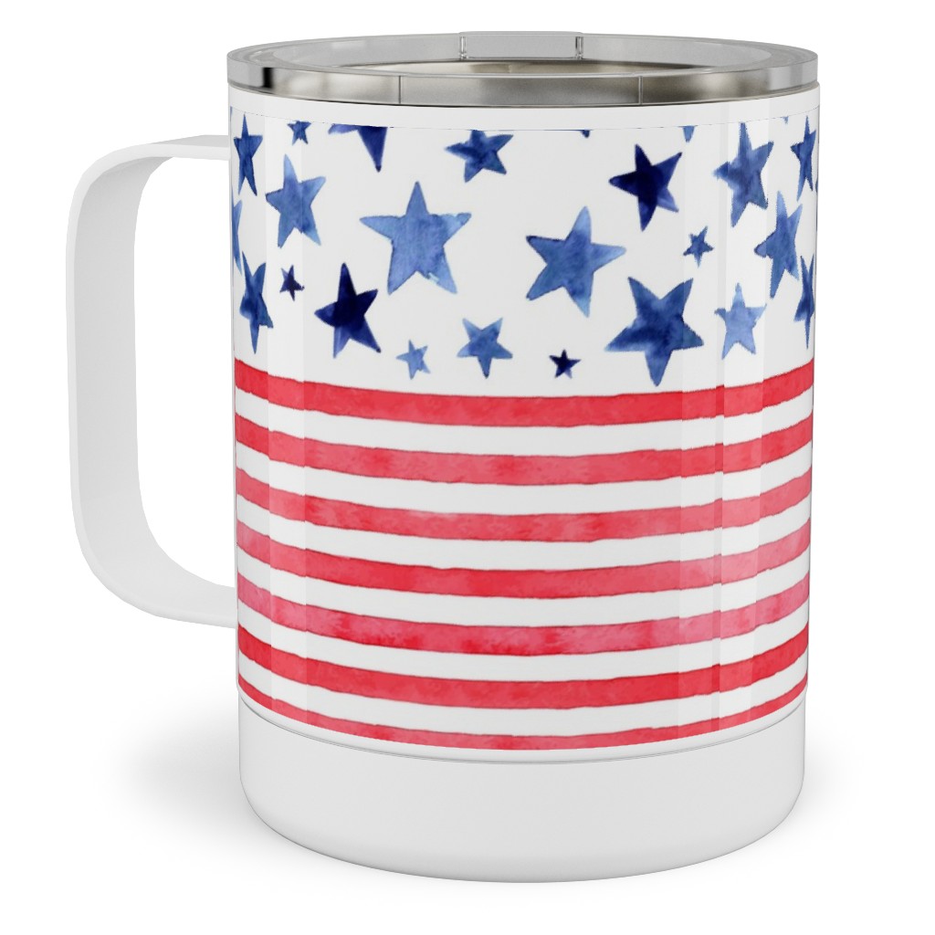 Watercolor Stars and Stripes - Red White and Blue Stainless Steel Mug, 10oz, Red, Red