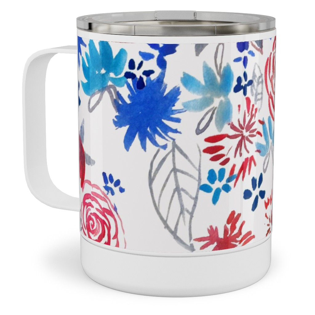 Patriotic Watercolor Floral - Red White and Blue Stainless Steel Mug, 10oz, Multicolor