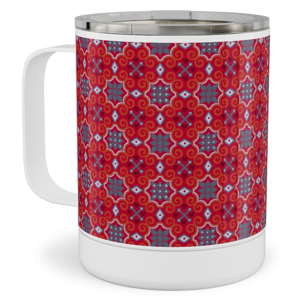 Oriental Ornament - Red Stainless Steel Mug, 10oz, Red, Red