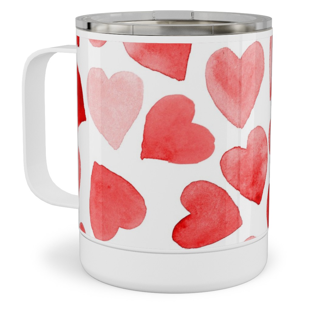 Red Hearts Watercolor - Red Stainless Steel Mug, 10oz, Red