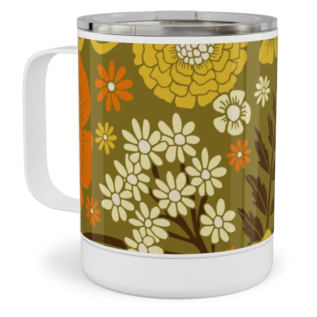 1970s Retro/Vintage Floral - Yellow and Brown Stainless Steel Mug, 10oz, Yellow