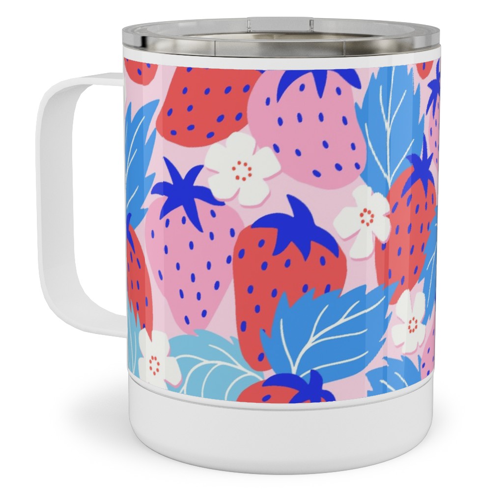 Papercut Strawberries - Blue and Pink Stainless Steel Mug, 10oz, Multicolor