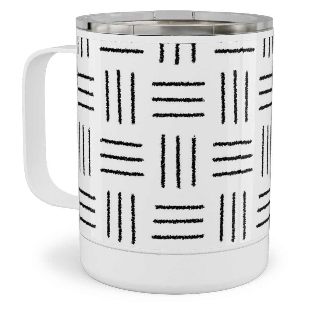 Mudcloth Basket Weave - Black on White Stainless Steel Mug, 10oz, White, White