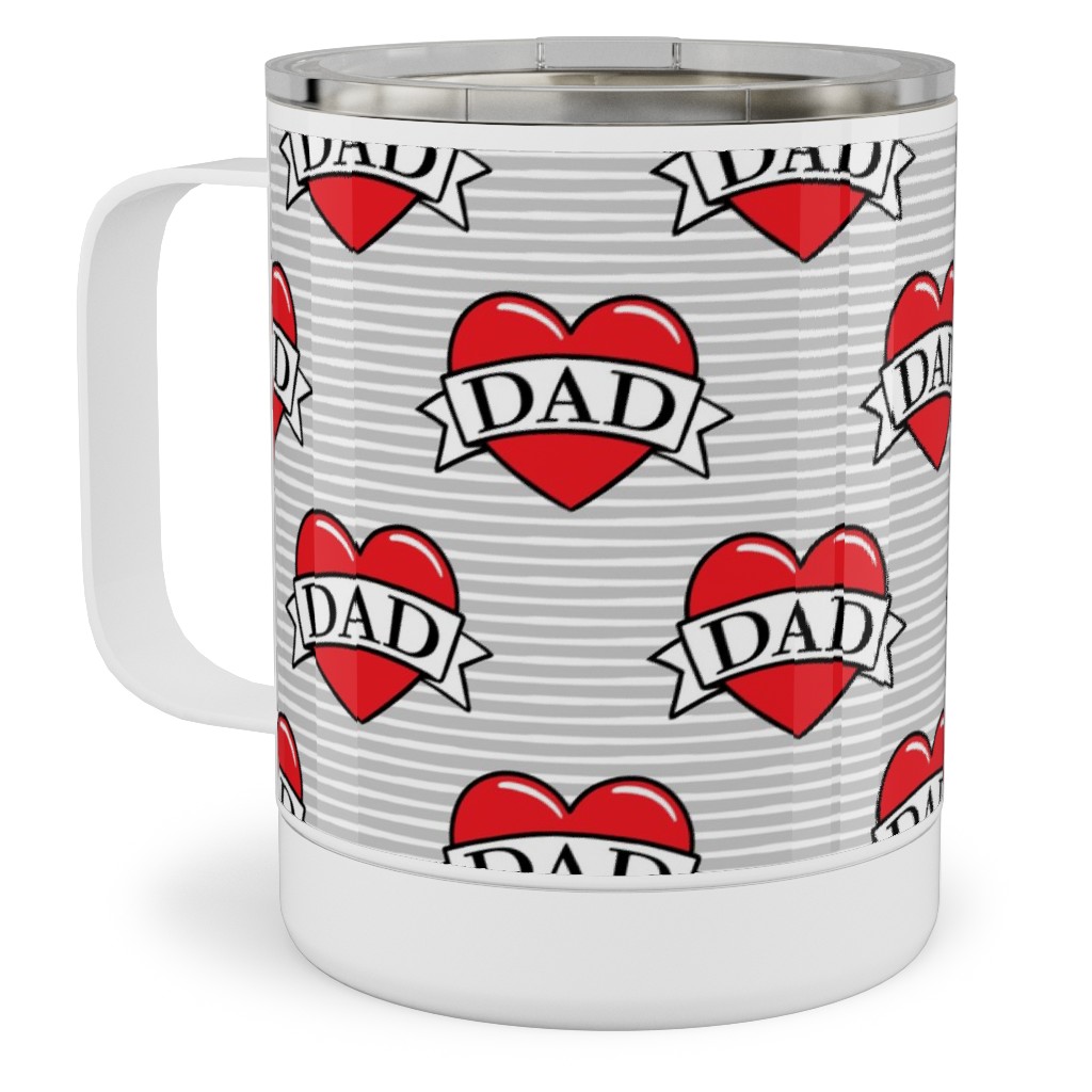 Dad Heart Tattoo - Red on Grey Stripes Stainless Steel Mug, 10oz, Red