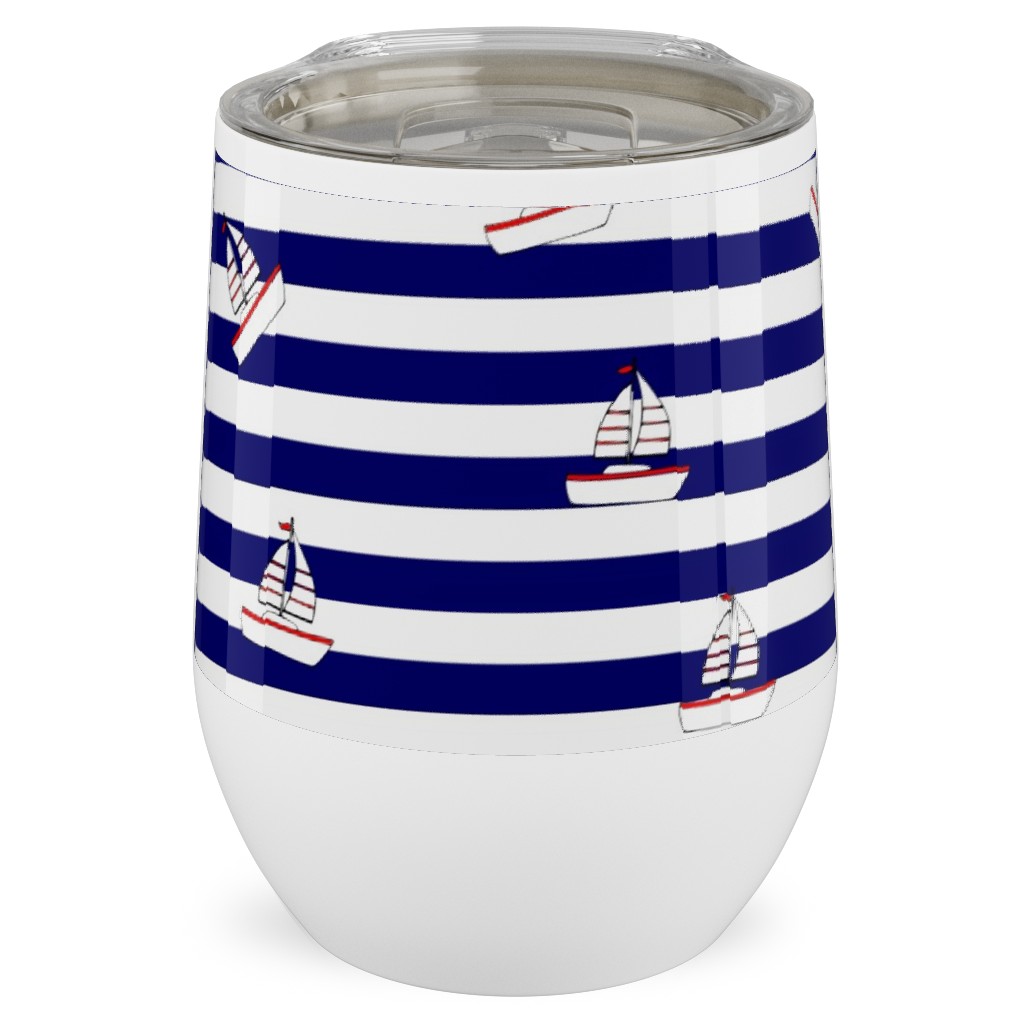 Sea and Boats Stripes - Blue Stainless Steel Travel Tumbler, 12oz, Blue