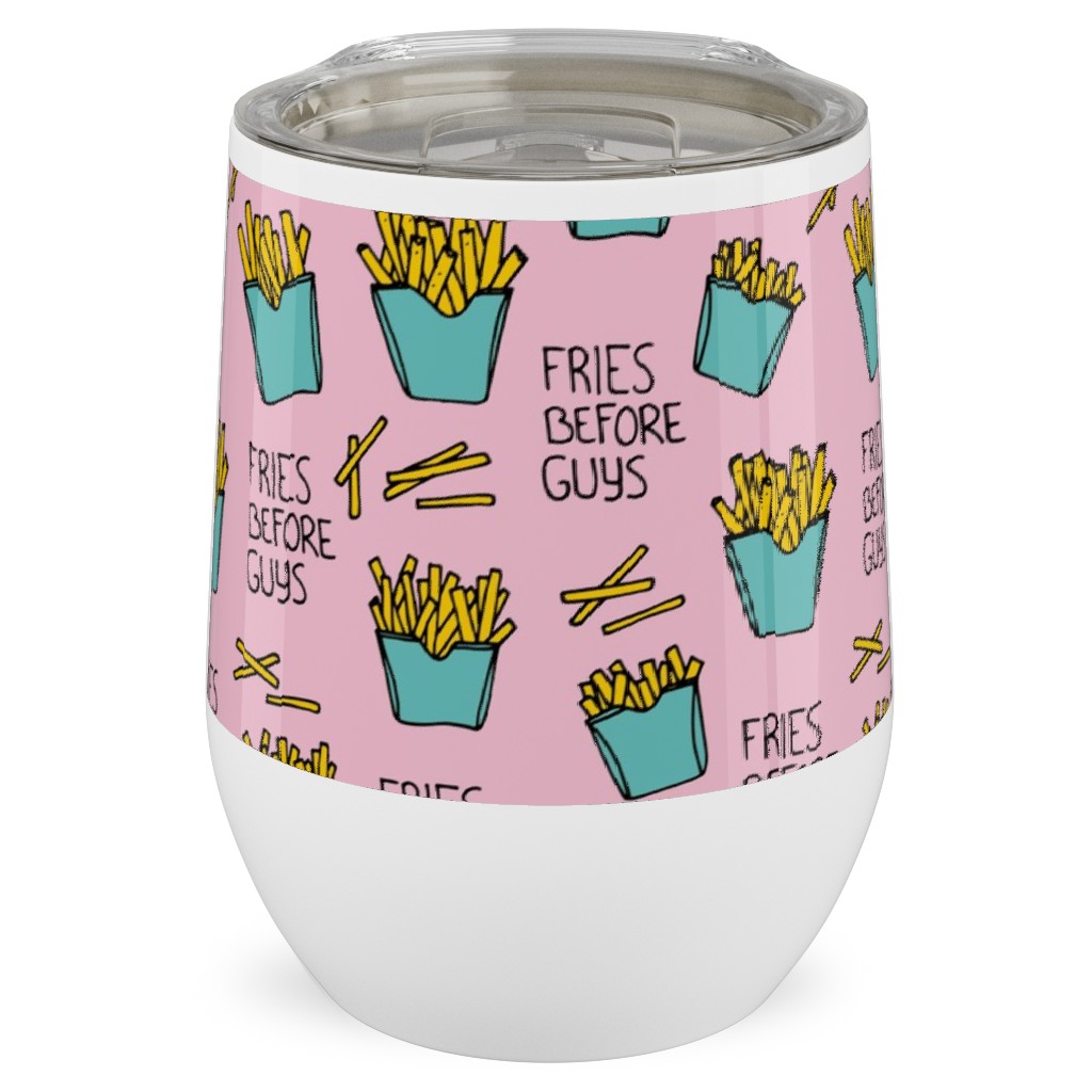 Fries Before Guys - Pop Art Food - Yellow Mint Pink Stainless Steel Travel Tumbler, 12oz, Pink