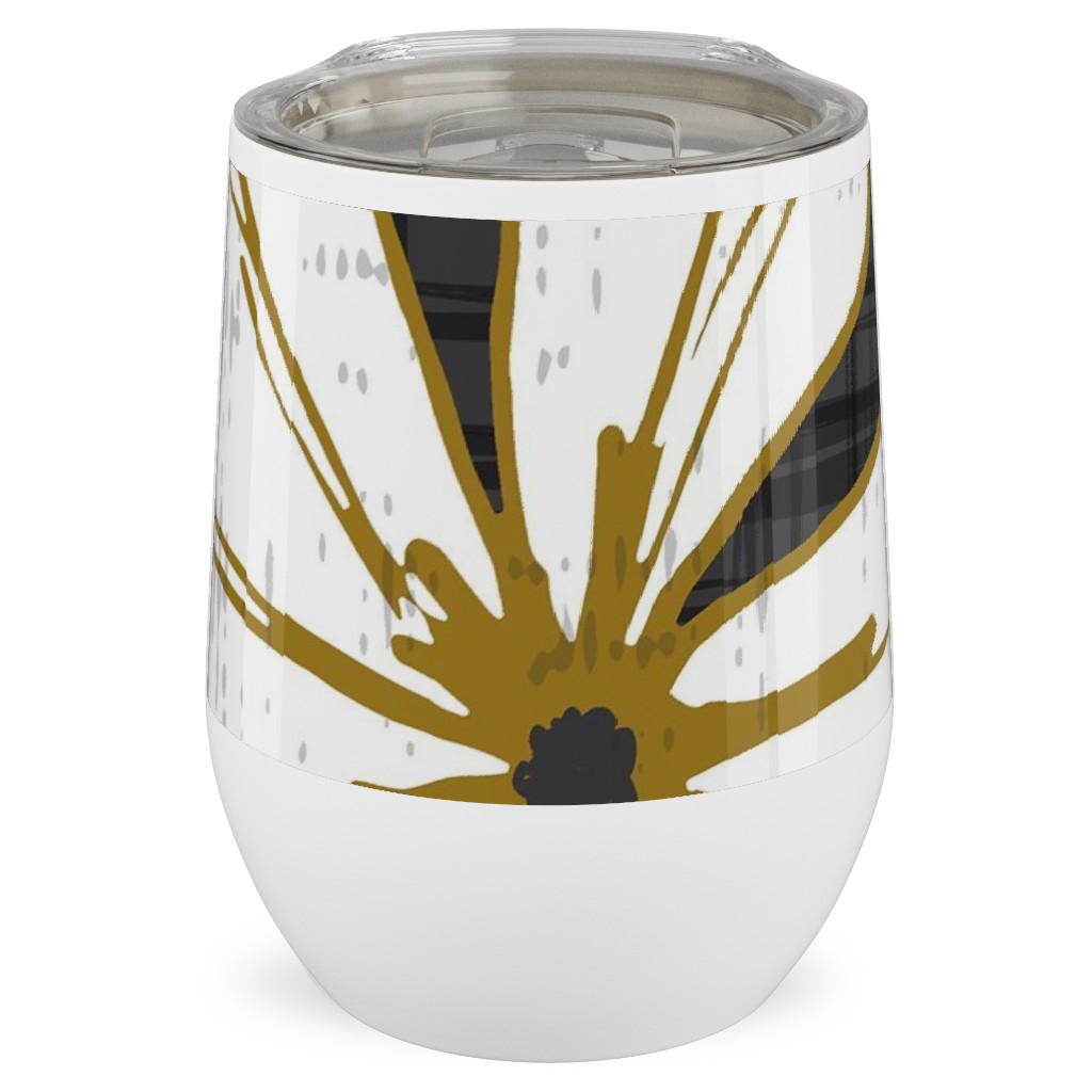 Lilium - Floral - Charcoal Black & White Stainless Steel Travel Tumbler, 12oz, Black, Black