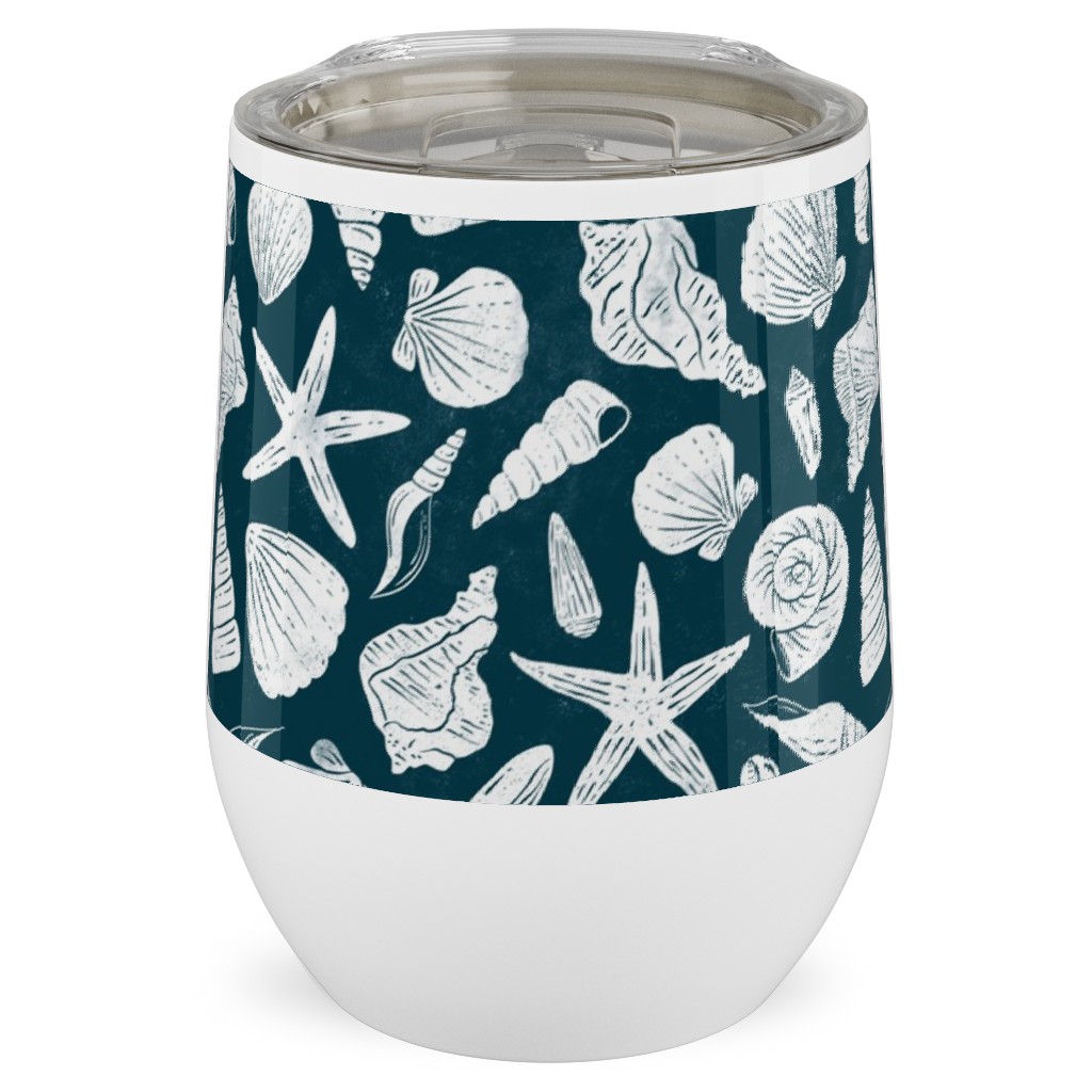 Textured Ocean Seashells - Dark Blue and Cream Stainless Steel Travel Tumbler, 12oz, Blue