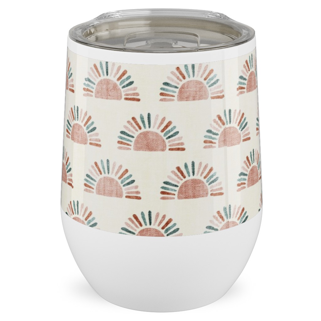 Sunshine - Block Print Boho Sun Print - Dusty Pink/Blue/Teracotta Stainless Steel Travel Tumbler, 12oz, Pink
