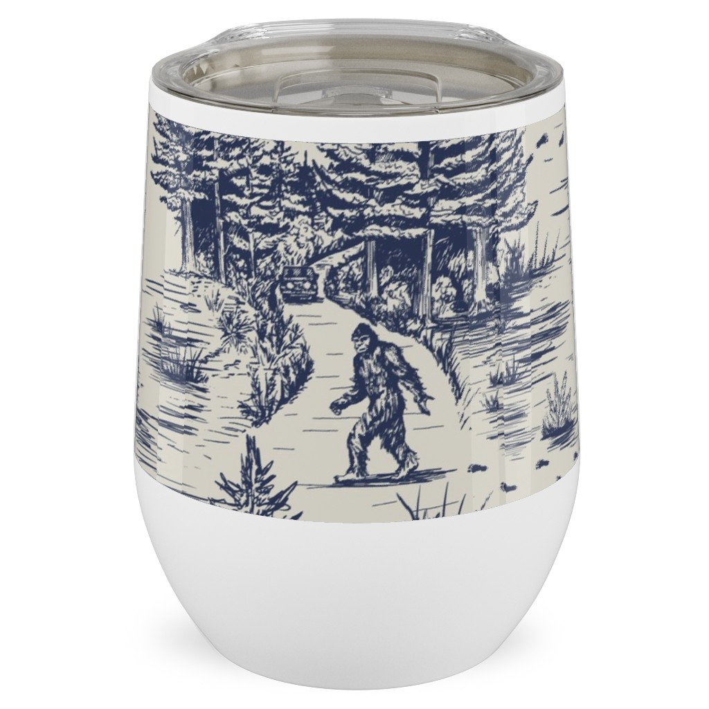 Bigfoot / Sasquatch Toile De Jouy - Blue Stainless Steel Travel Tumbler, 12oz, Blue, True Blue