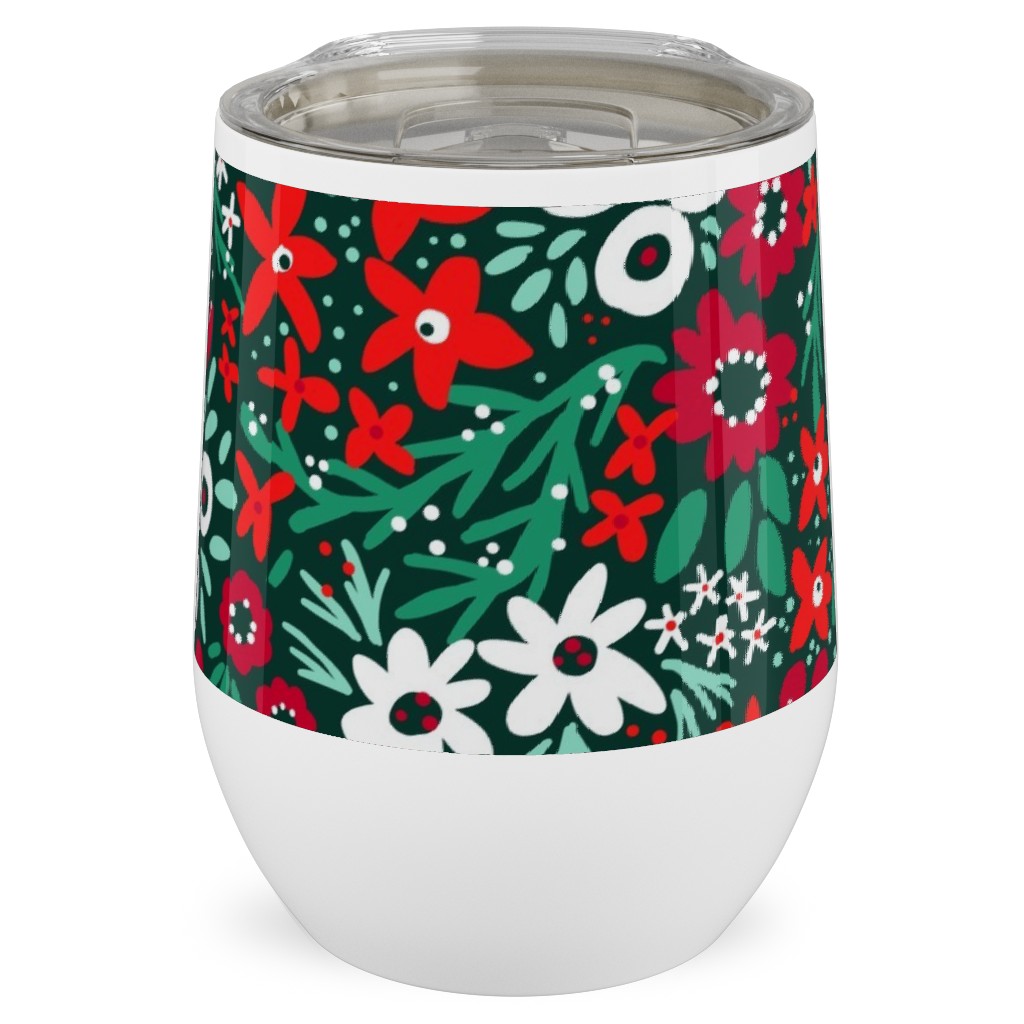 Rustic Floral - Holiday Red and Green Stainless Steel Travel Tumbler, 12oz, Green