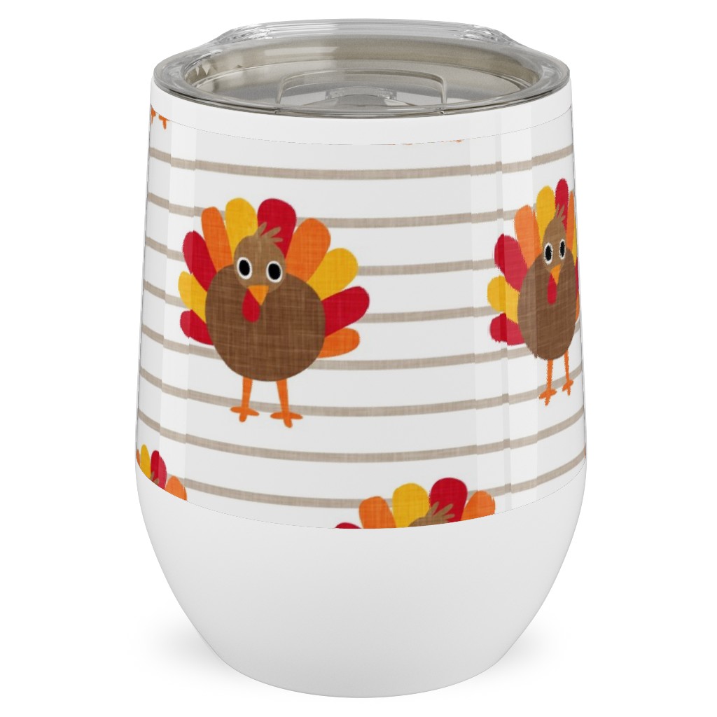 Cute Thanksgiving Turkey - on Khaki Stripes Stainless Steel Travel Tumbler, 12oz, Orange
