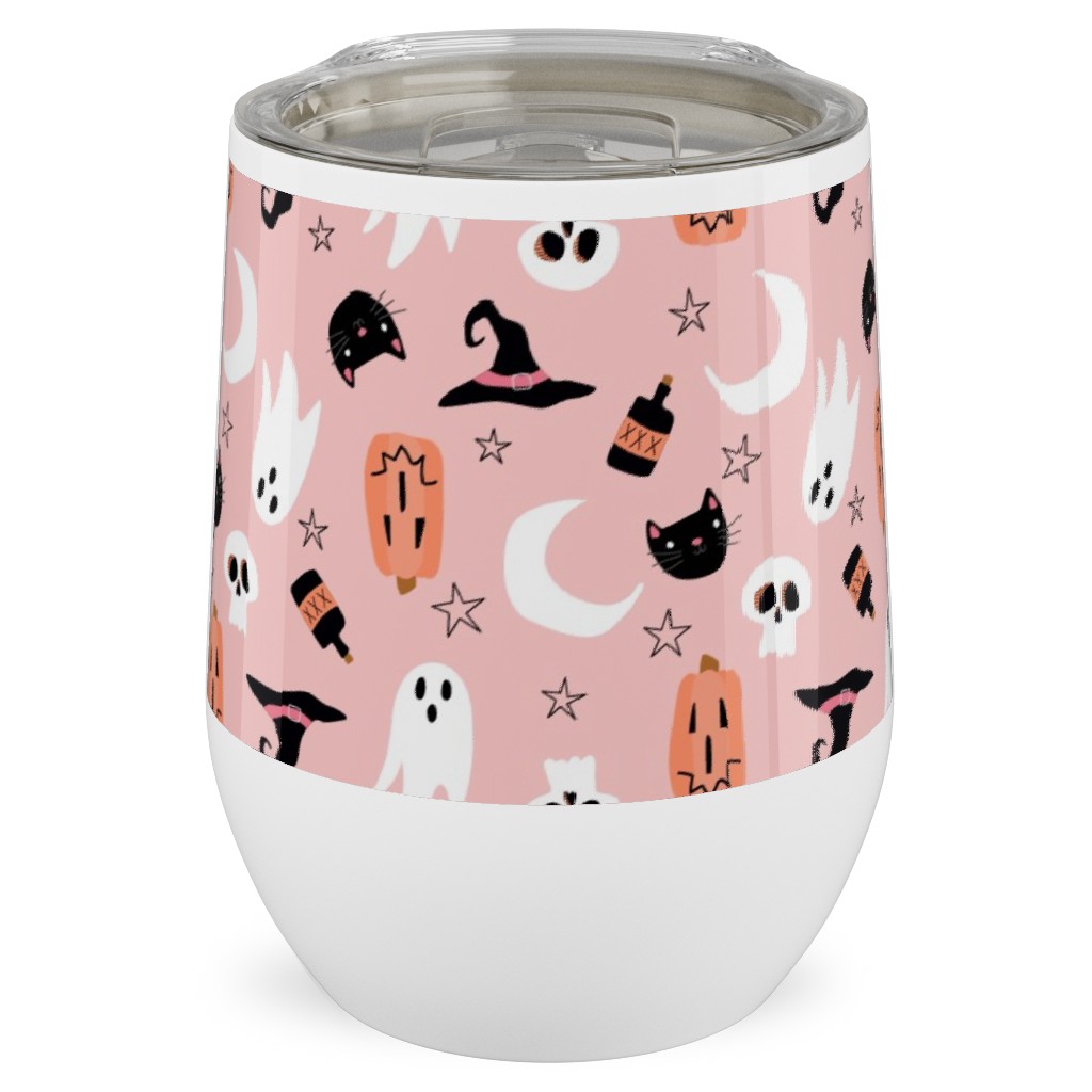 Sweet Halloween - Pumpkin, Witch, Ghost, & Cat - Pink Stainless Steel Travel Tumbler, 12oz, Pink