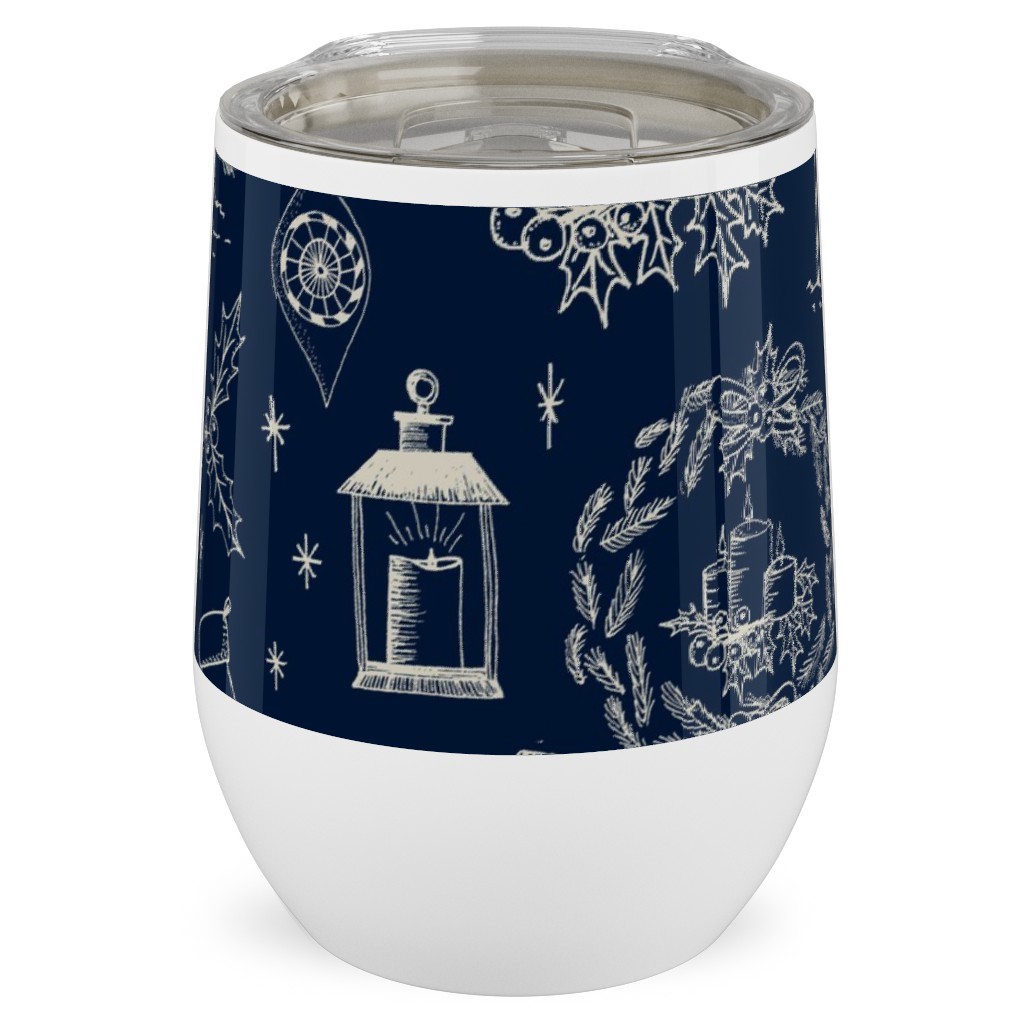 Christmas Toile - Starry Night Stainless Steel Travel Tumbler, 12oz, Blue